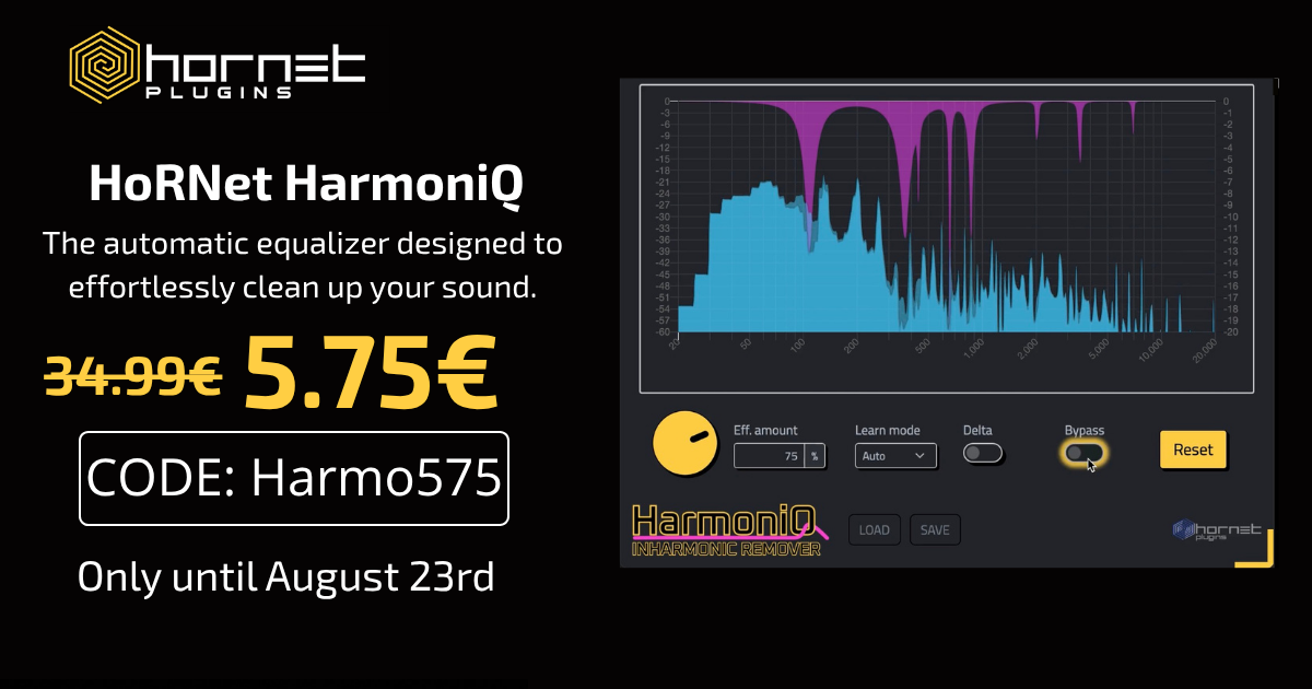 HoRNet SongKey MK4 HoRNet MIX80 promo banner: pick any 3 plugins and get 80% off, showing the SongKey MK4, Spaces MK2 and SpectraDuck interfaces. Offer ends Thursday August 6.