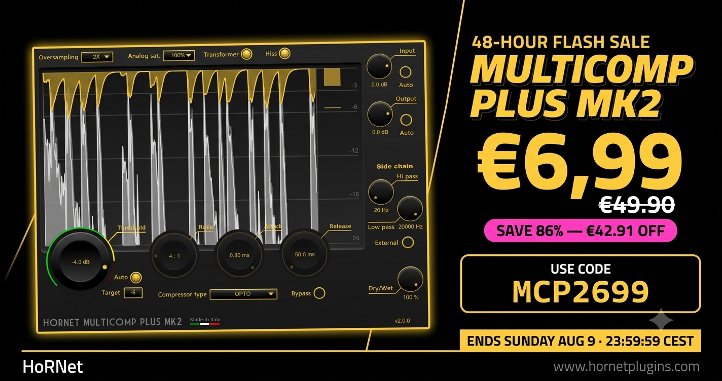 multicompplusmk2699 HoRNet MIX80 promo banner: pick any 3 plugins and get 80% off, showing the SongKey MK4, Spaces MK2 and SpectraDuck interfaces. Offer ends Thursday August 6.