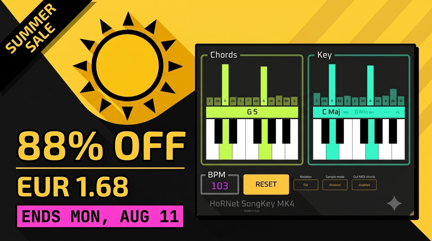 sksumsale2 HoRNet MIX80 promo banner: pick any 3 plugins and get 80% off, showing the SongKey MK4, Spaces MK2 and SpectraDuck interfaces. Offer ends Thursday August 6.