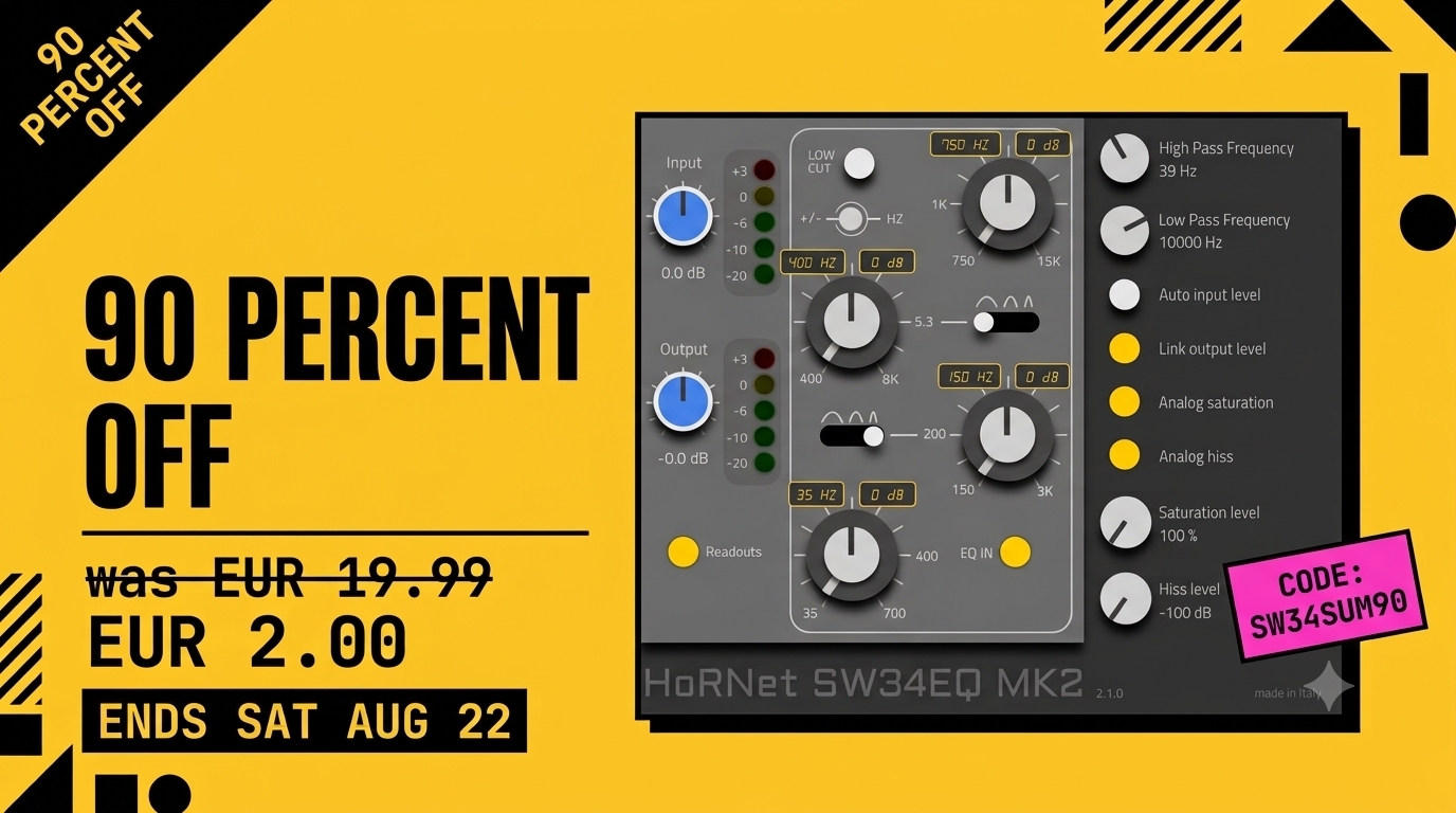 sw34sum90 HoRNet MIX80 promo banner: pick any 3 plugins and get 80% off, showing the SongKey MK4, Spaces MK2 and SpectraDuck interfaces. Offer ends Thursday August 6.