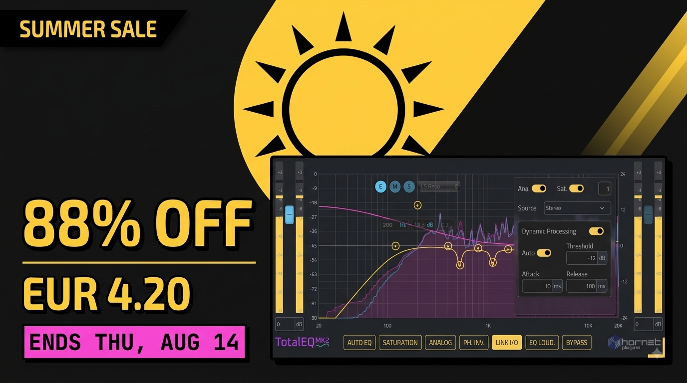 teqsumsale HoRNet MIX80 promo banner: pick any 3 plugins and get 80% off, showing the SongKey MK4, Spaces MK2 and SpectraDuck interfaces. Offer ends Thursday August 6.