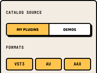 My Plugins and Demos tabs with VST3, AU, and AAX format selection in HoRNet DoIn 2