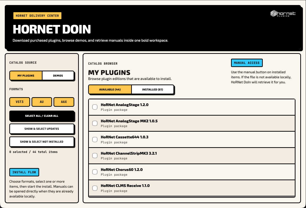 HoRNet DoIn 2 interface with My Plugins and Demos, VST3, AU, and AAX formats, selection tools, and the plugin catalog