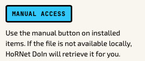 Manual access instructions in HoRNet DoIn 2: open manuals on installed items or retrieve missing files