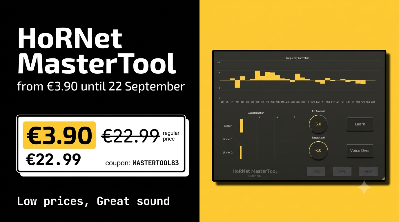 mastertool290 HoRNet MIX80 promo banner: pick any 3 plugins and get 80% off, showing the SongKey MK4, Spaces MK2 and SpectraDuck interfaces. Offer ends Thursday August 6.