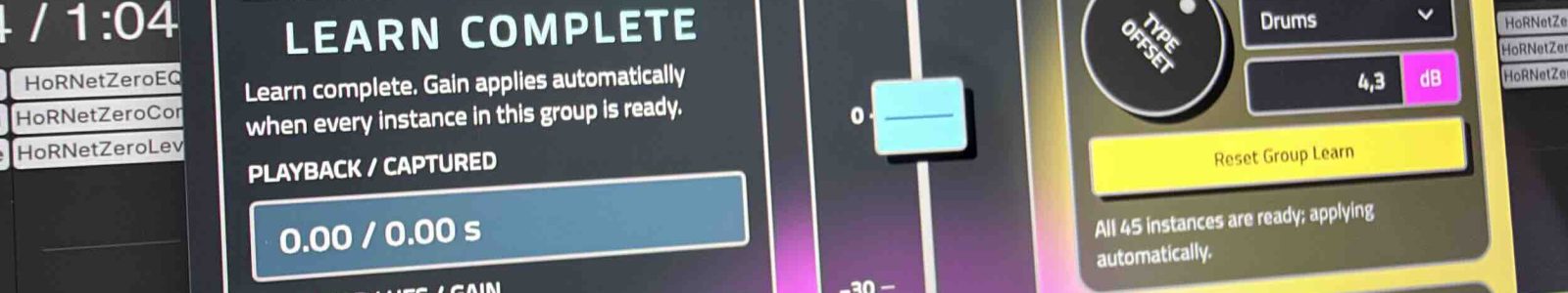 HoRNet ZeroLevel on a Snare track in REAPER, showing Learn, Output, and group controls.