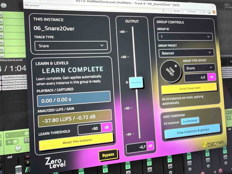 HoRNet ZeroLevel on a Snare track in REAPER, showing Learn, Output, and shared group controls.