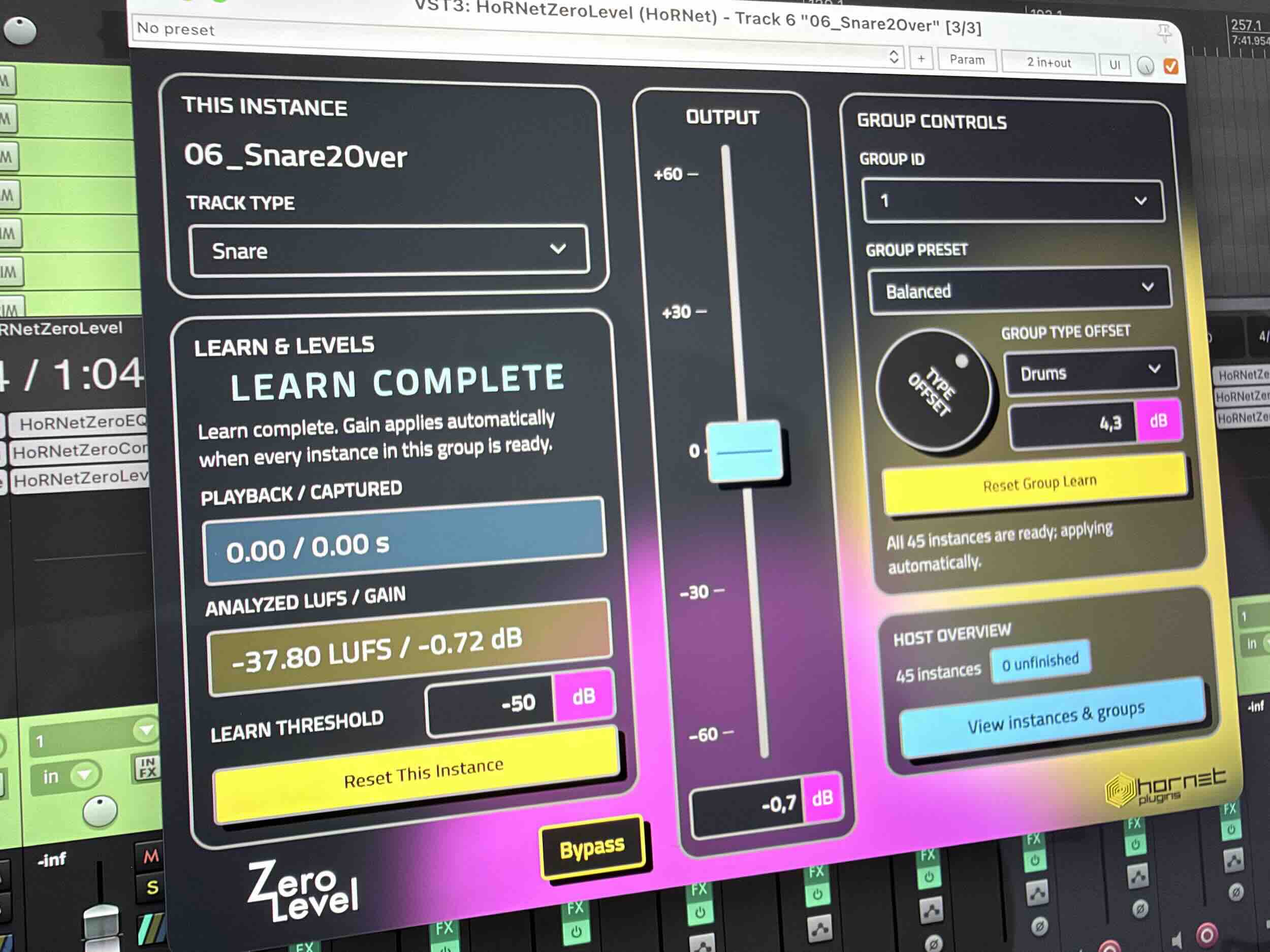 ZeroLevel in REAPER HoRNet ZeroLevel in REAPER with source selection, Learn readouts, Output, and shared group controls.