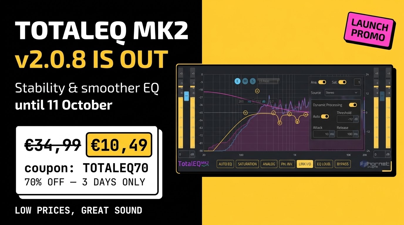 totaleq70 HoRNet MIX80 promo banner: pick any 3 plugins and get 80% off, showing the SongKey MK4, Spaces MK2 and SpectraDuck interfaces. Offer ends Thursday August 6.